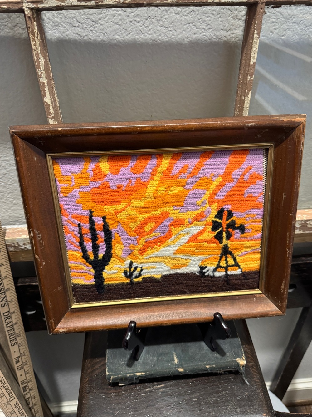 Vintage Latch Hook Wall Hanging Desert Sunset Cactus Framed Yarn Art